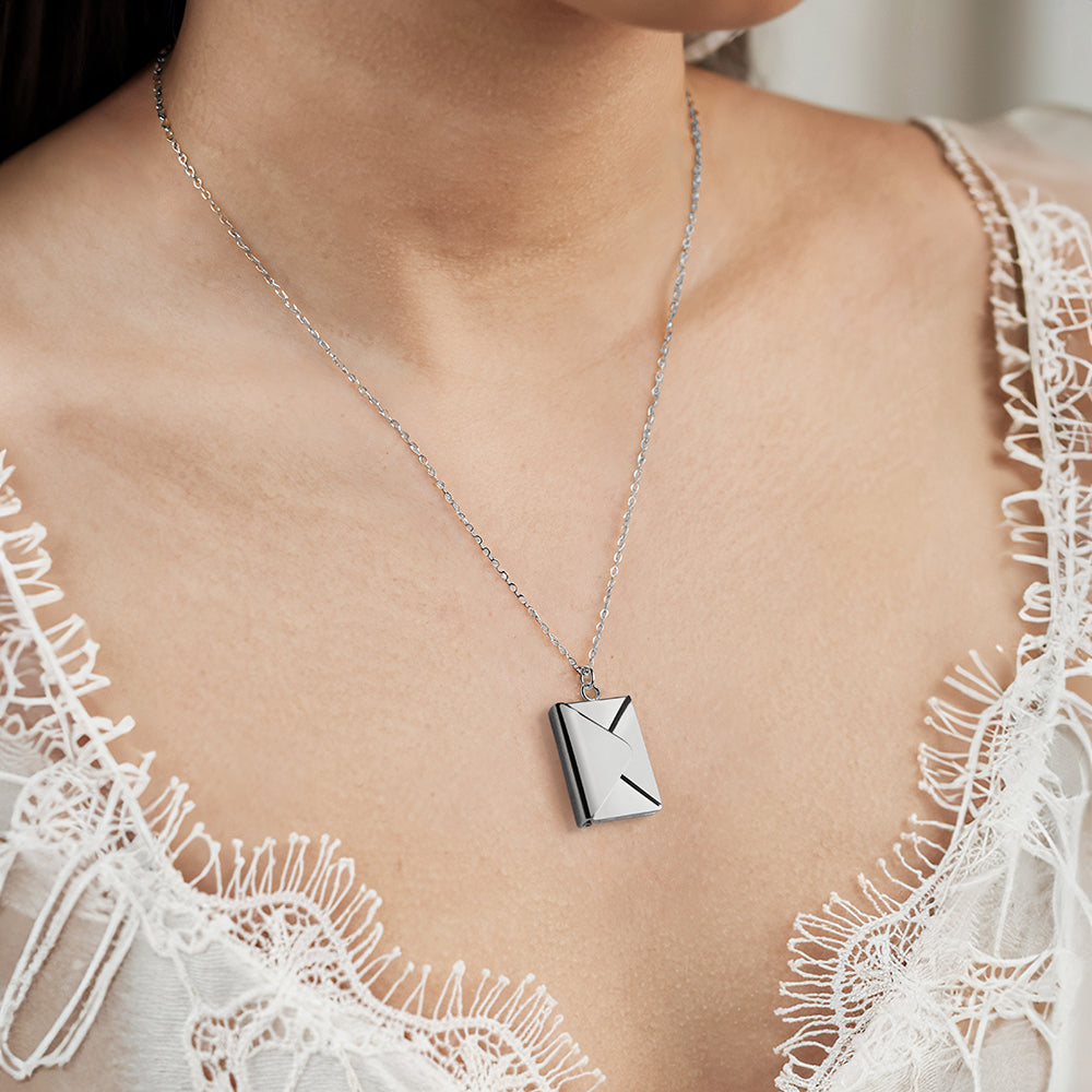 First [f] Engraved Envelope Necklace