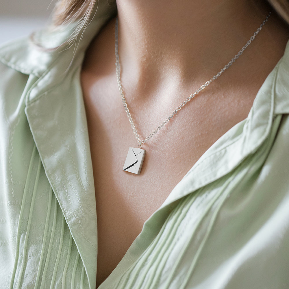 First [f] Engraved Envelope Necklace